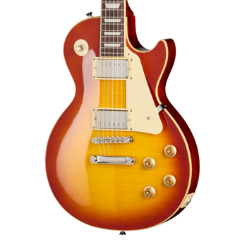 Sunburst electric guitar with a carved top, chrome hardware, two humbucker pickups, cream pickguard, and four control knobs.