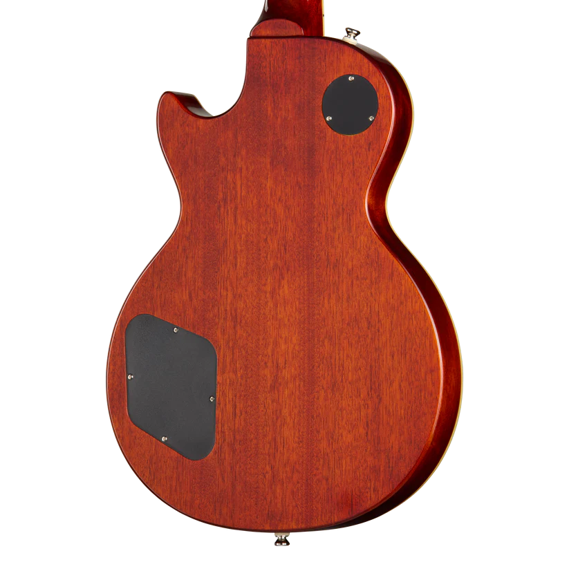 Back view of a reddish-brown electric guitar body with two black plastic access panels and a single cutaway design.