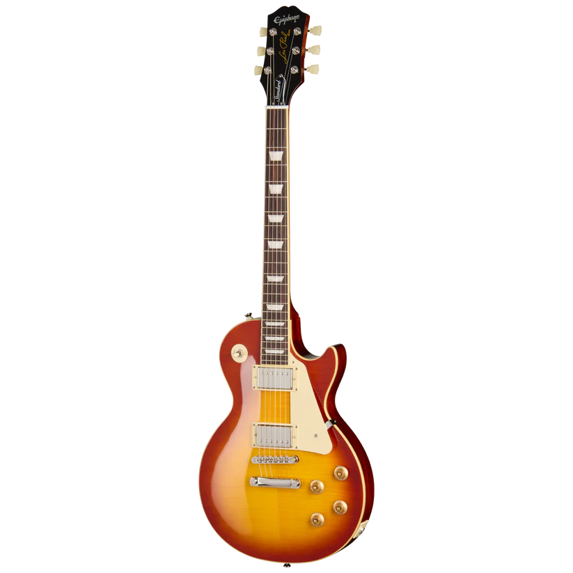Sunburst finish electric guitar with a single-cutaway body, two humbucker pickups, four control knobs, and a cream pickguard.