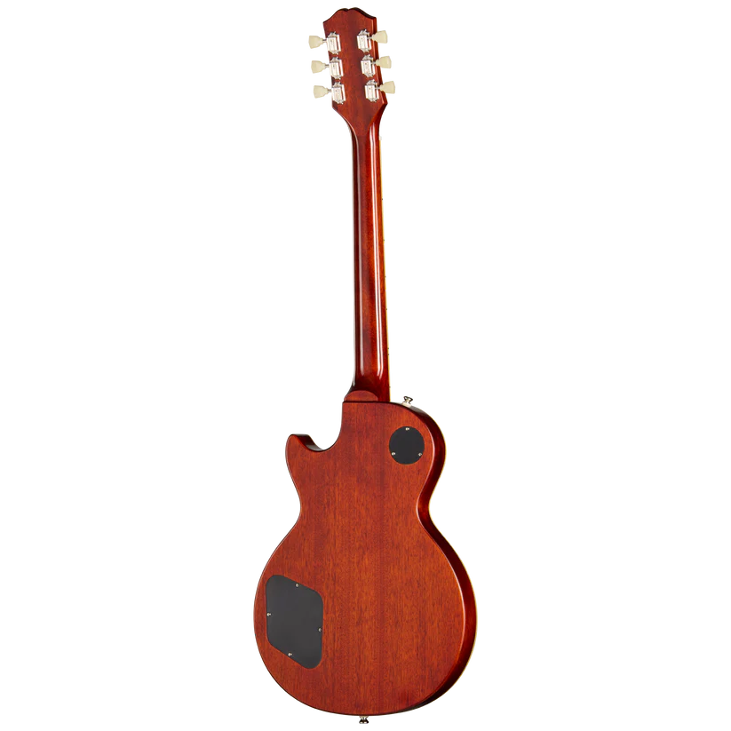 Back of a mahogany single-cutaway electric guitar with two black control cavity covers and six tuning pegs visible on the headstock.