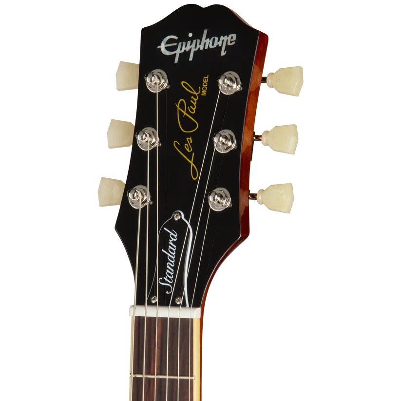 Epiphone Les Paul Standard electric guitar headstock with six tuning pegs, white logo, gold script, and "Standard" truss rod cover.