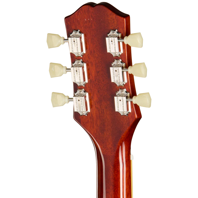 Back of an electric guitar headstock showing six vintage-style tuning pegs on a reddish-brown wooden finish.