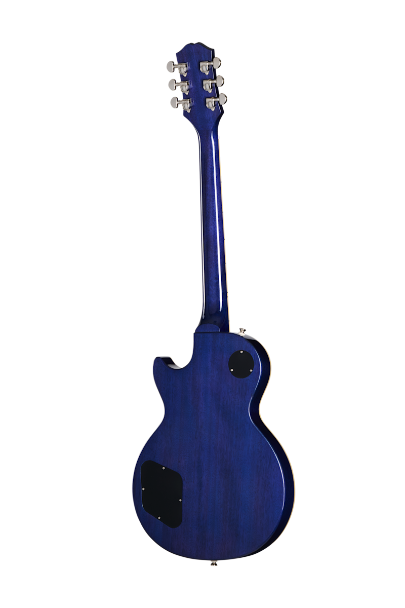 Blue electric guitar shown from the back, featuring a single cutaway body, chrome tuning pegs, and two black plastic covers on the body.