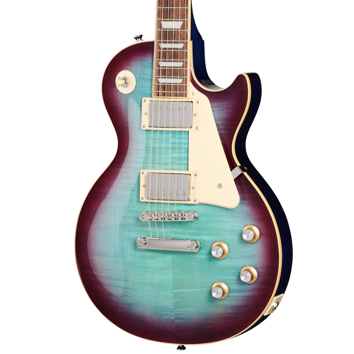 Electric guitar with a glossy blue-green center fading to deep purple edges, cream pickguard, silver pickups, and four gold-and-silver control knobs.