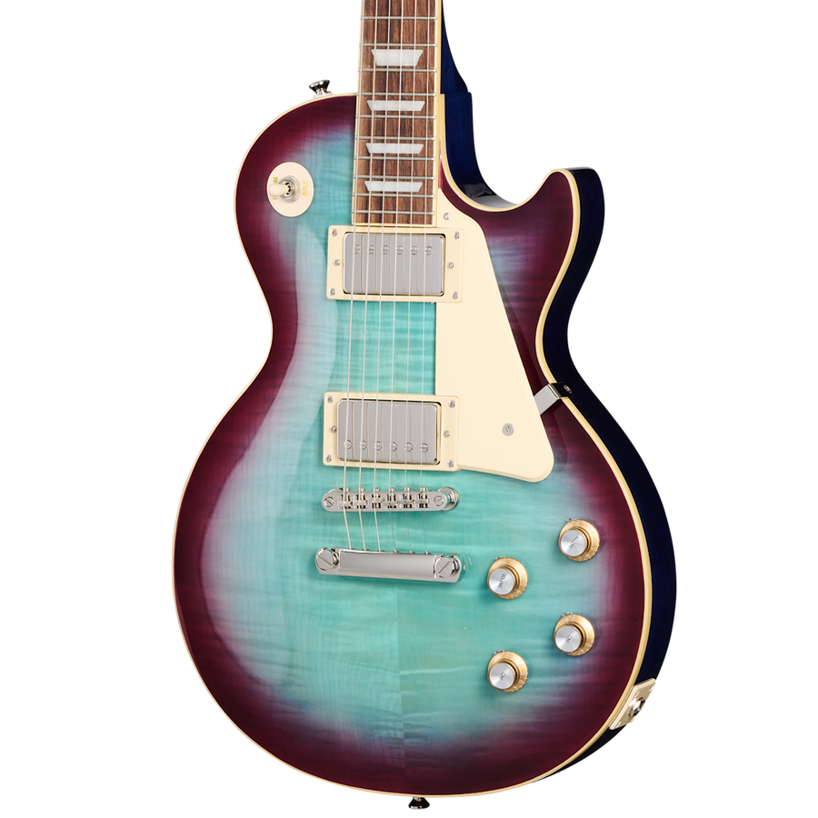 Electric guitar with a glossy blue-green center fading to deep purple edges, cream pickguard, silver pickups, and four gold-and-silver control knobs.