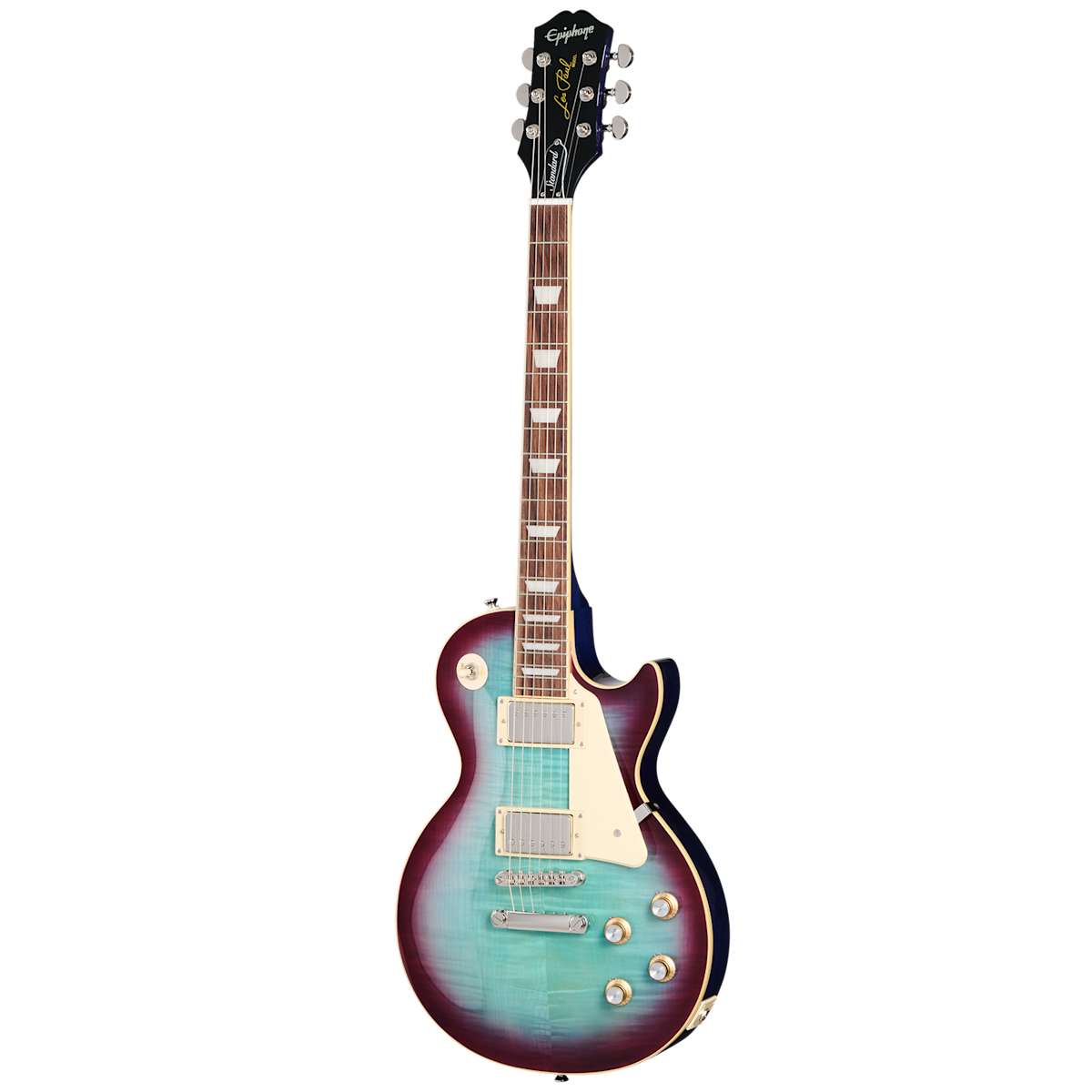 Epiphone electric guitar with a single-cutaway body, blue-green center fading to dark red edges, two pickups, four knobs, and white pickguard.