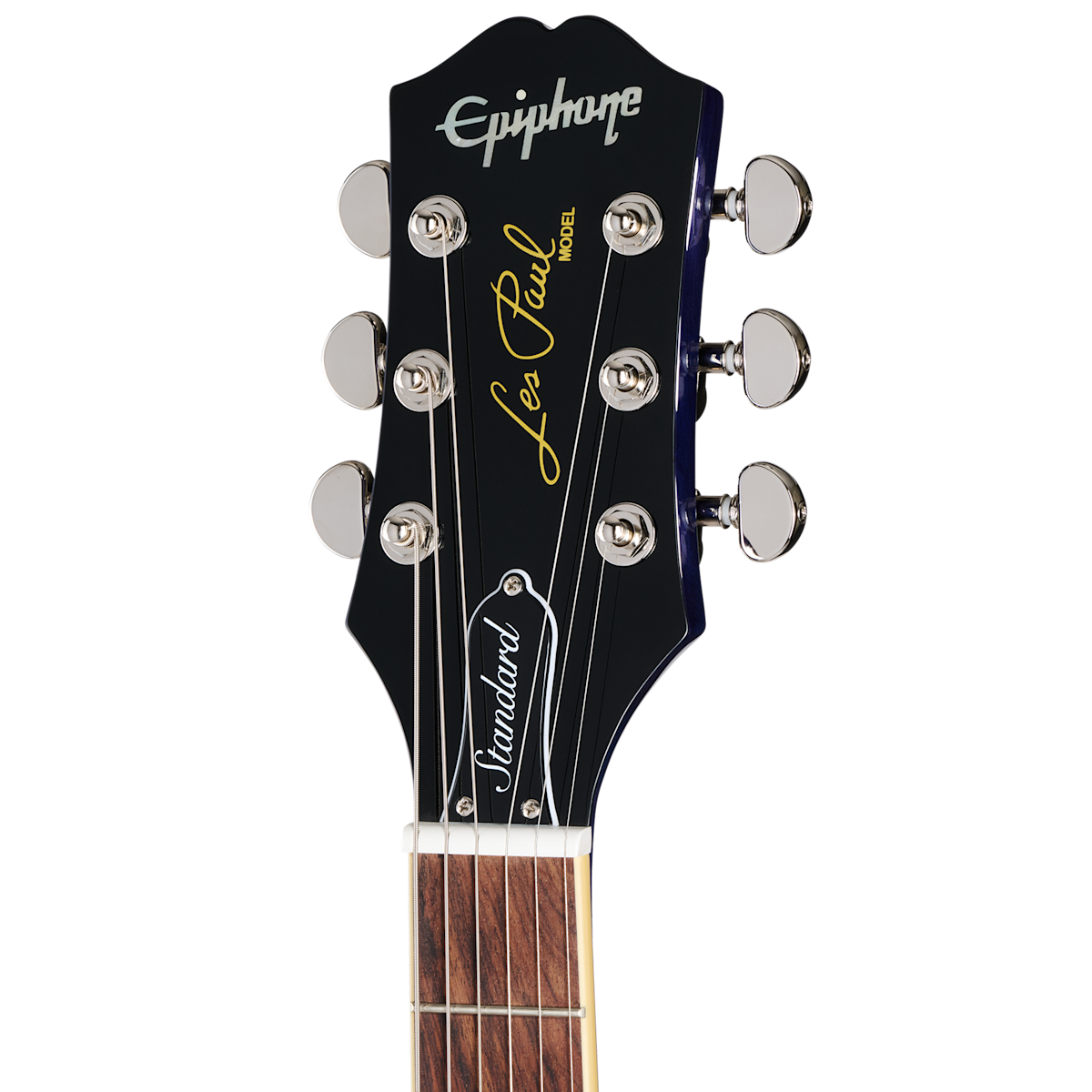 Black headstock of an Epiphone Les Paul Standard electric guitar with six silver tuning pegs and white script and gold lettering.