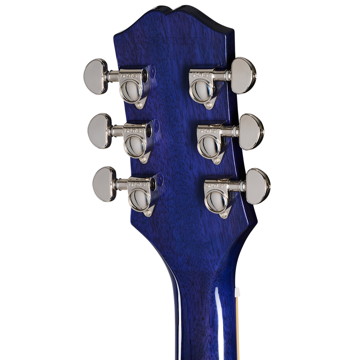 Six chrome tuning pegs on a glossy blue electric guitar headstock, viewed from the back of the neck.