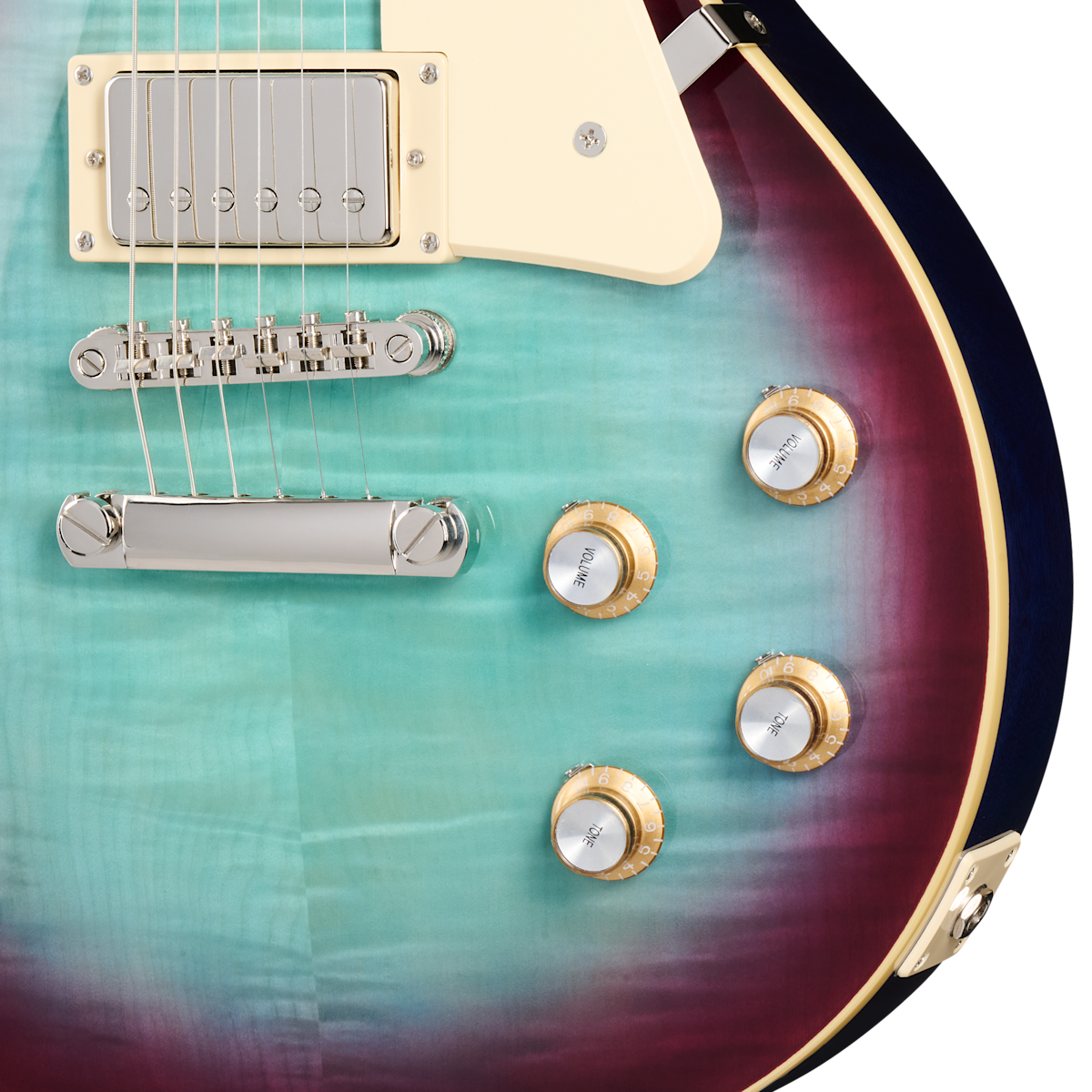 Electric guitar body with four gold control knobs, chrome bridge, and pickups on a turquoise and purple sunburst finish with cream binding.
