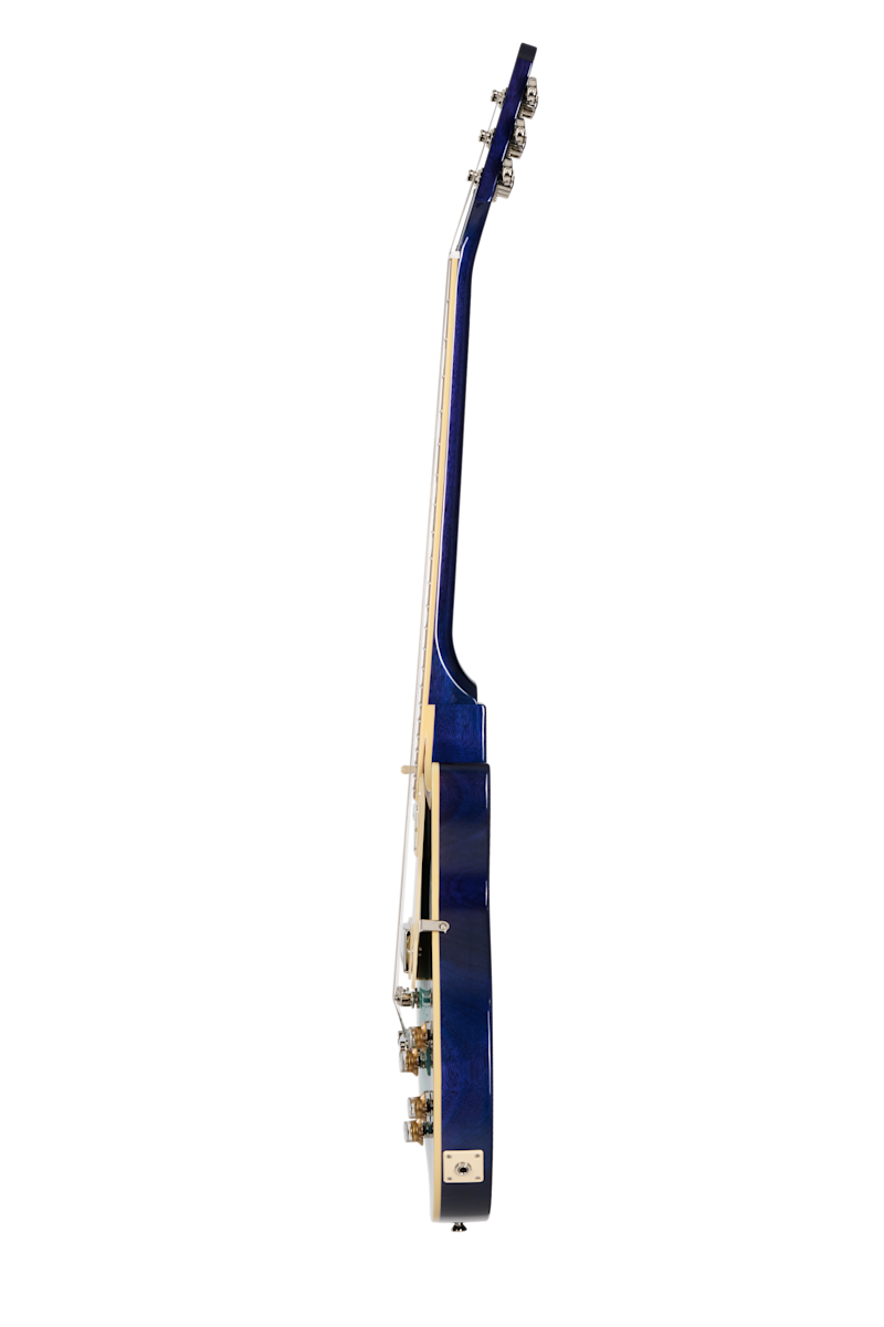 Blue electric guitar shown from the side, highlighting a thick hollow body, cream binding, tuning pegs, and control knobs.