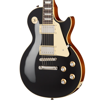 Black electric guitar with cream pickguard, chrome hardware, four gold control knobs, and a single-cutaway body featuring dual humbucker pickups.