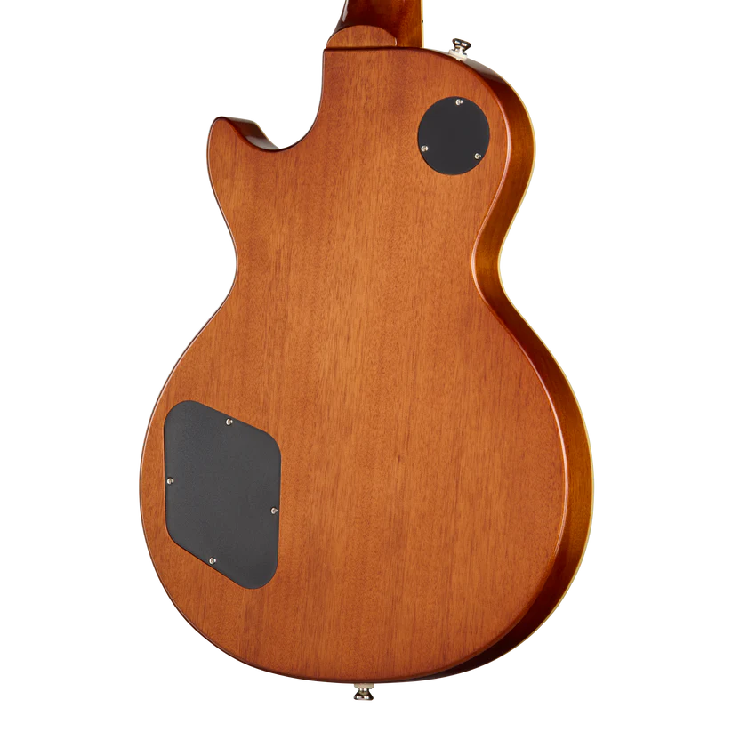 Back of a single-cutaway electric guitar with a natural wood finish, showing two black plastic access plates and smooth curves.