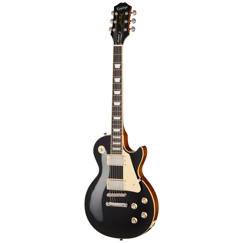 Epiphone Les Paul electric guitar, glossy black finish, cream pickguard, two humbucker pickups, four control knobs, single-cutaway body shape.