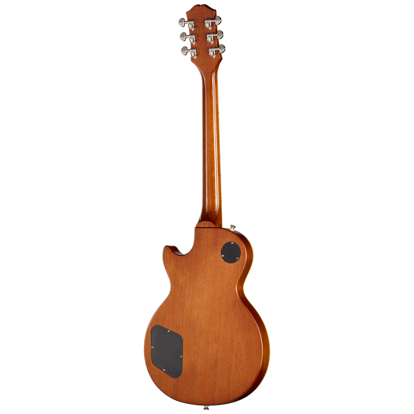 Mahogany-finished electric guitar shown from the back, with chrome tuning pegs and two black plastic cavity covers on the body.