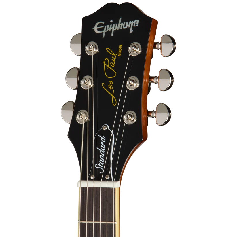 Epiphone Les Paul electric guitar headstock with six tuning pegs, black finish, and “Standard” truss rod cover.