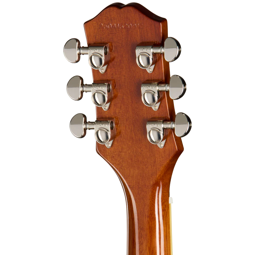Six silver tuning pegs on a glossy brown wooden electric guitar headstock, viewed from the back.