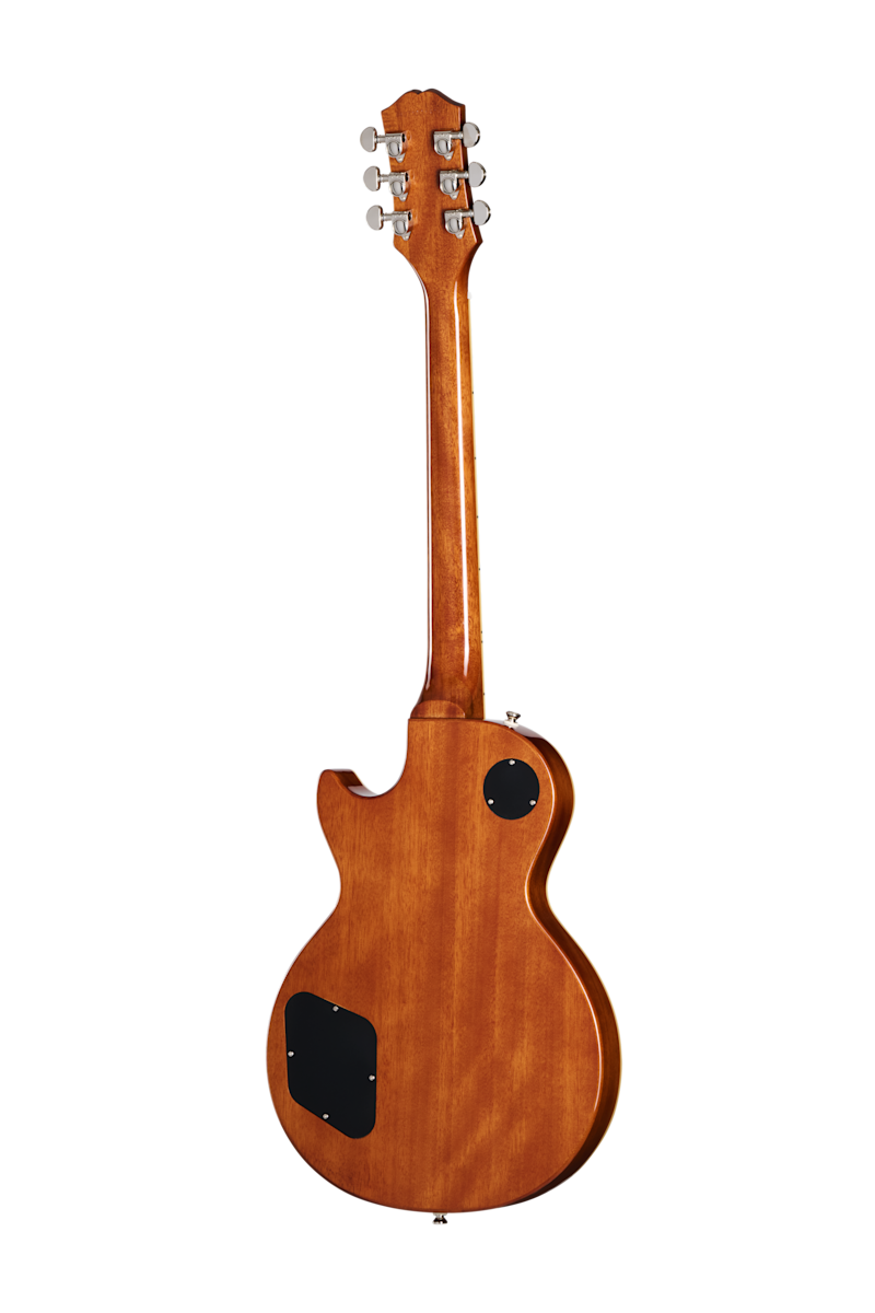 Back view of a single-cutaway Epiphone electric guitar, natural wood finish, black access plates, six tuning pegs on the headstock.