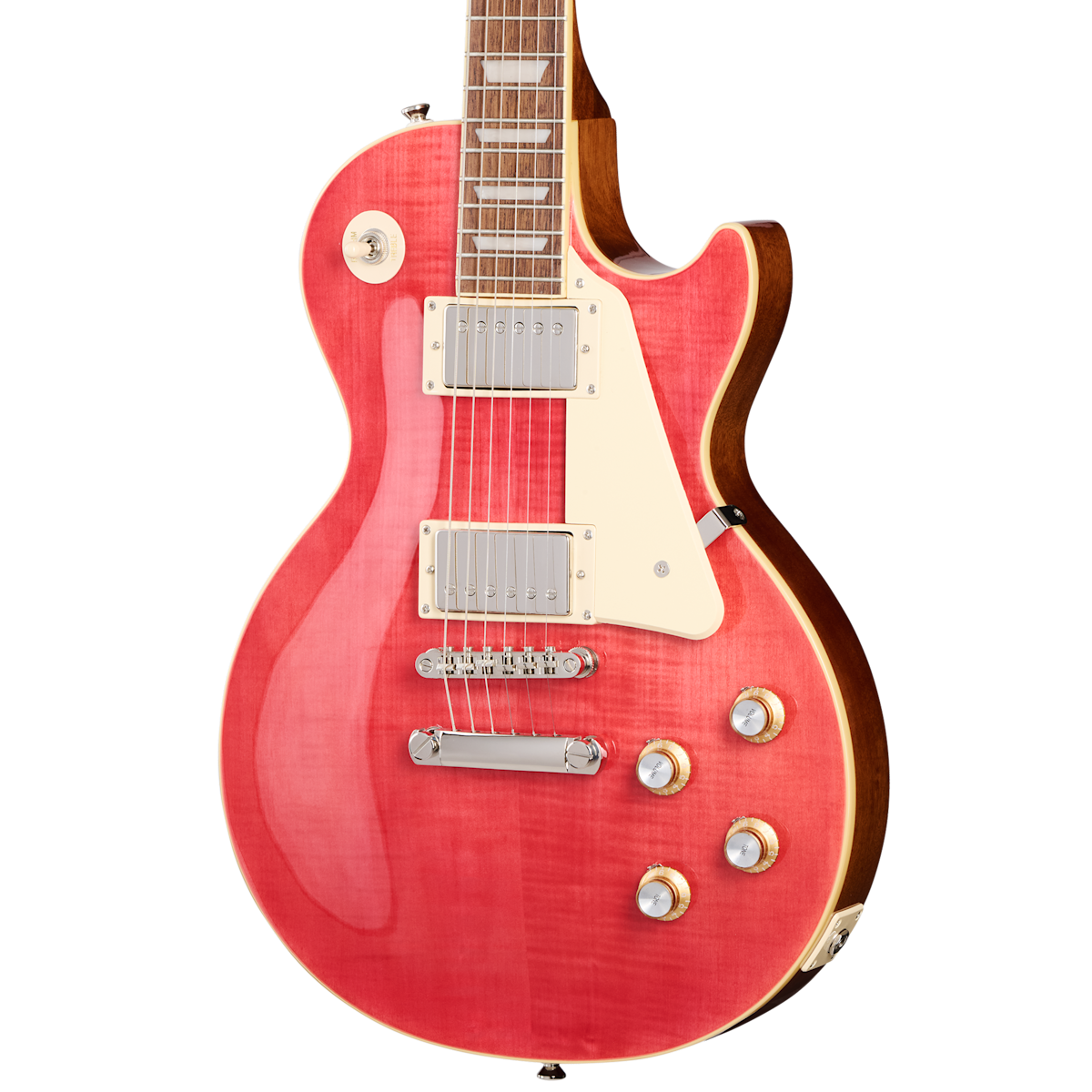 Epiphone electric guitar with a glossy cherry red finish, cream pickguard, two humbucker pickups, and four control knobs.