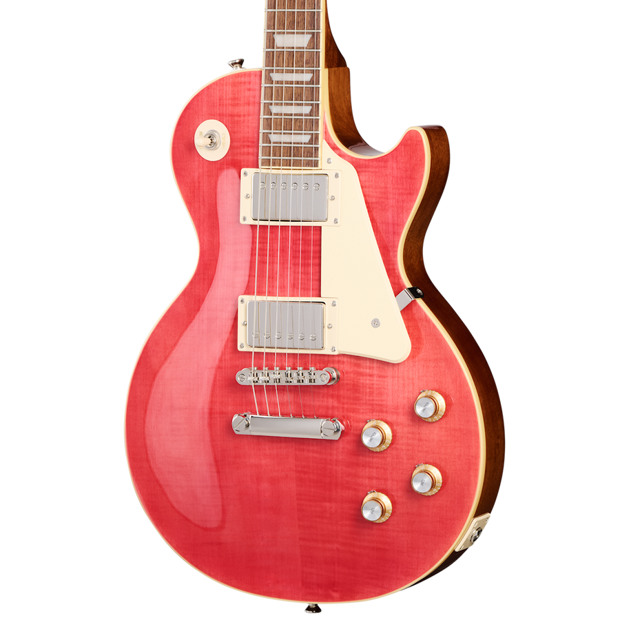 Epiphone electric guitar with a glossy cherry red finish, cream pickguard, two humbucker pickups, and four control knobs.