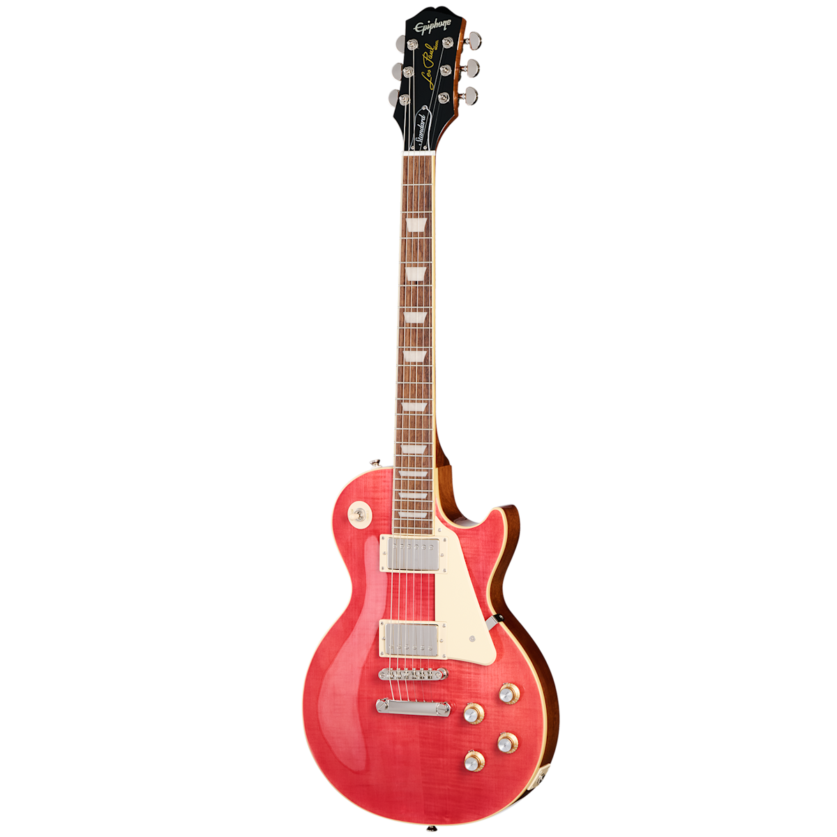Epiphone electric guitar with a glossy cherry red body, white pickguard, silver knobs, and two chrome pickups.