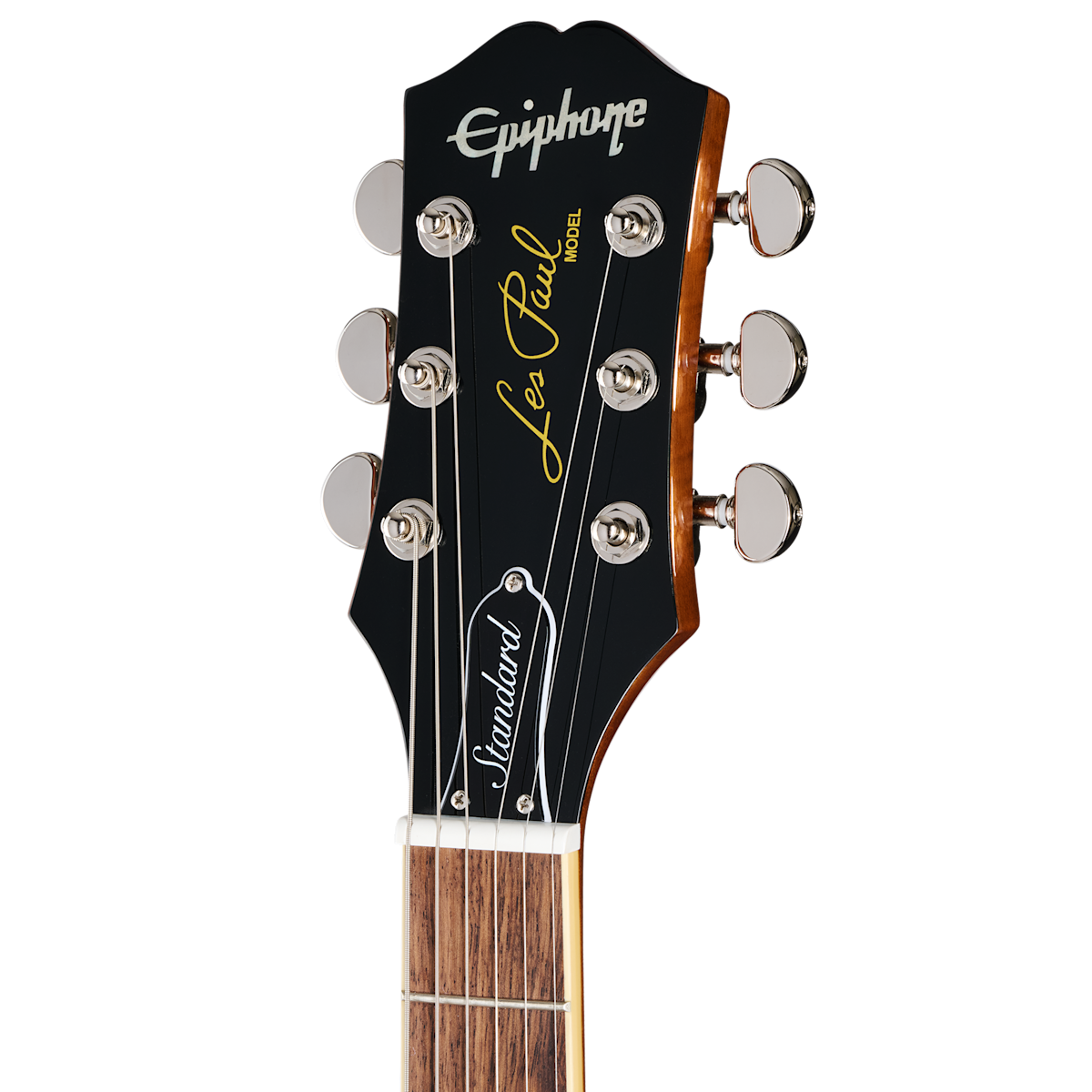 Epiphone Les Paul guitar headstock with six chrome tuning pegs, black face, and white, yellow, and gold lettering for model details.