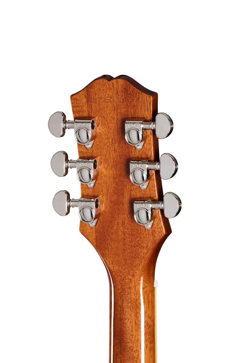 Back of an Epiphone guitar headstock showing six chrome tuning pegs on a glossy brown wood finish.