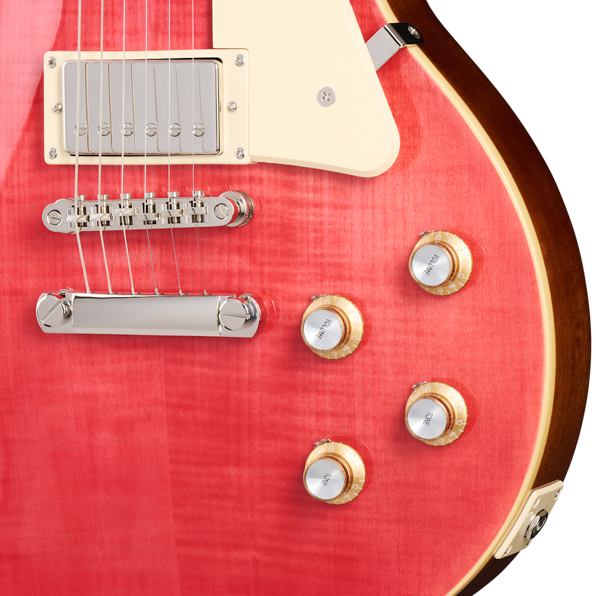 Close-up of a pink-red Epiphone electric guitar body with four gold control knobs, chrome bridge, and cream pickguard.