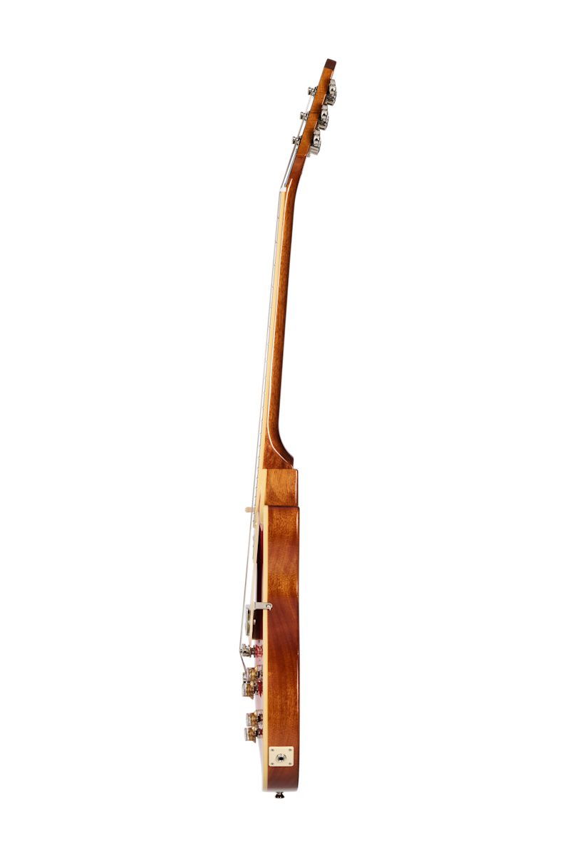 A side view of an Epiphone guitar showing its slim, polished wooden body, neck, and headstock with tuning pegs visible.