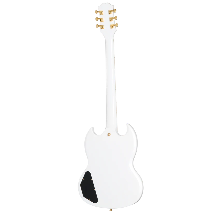 Guitare électrique blanche vue de dos, mécaniques et boutons dorés, plaque d’accès noire sur le dos du corps.