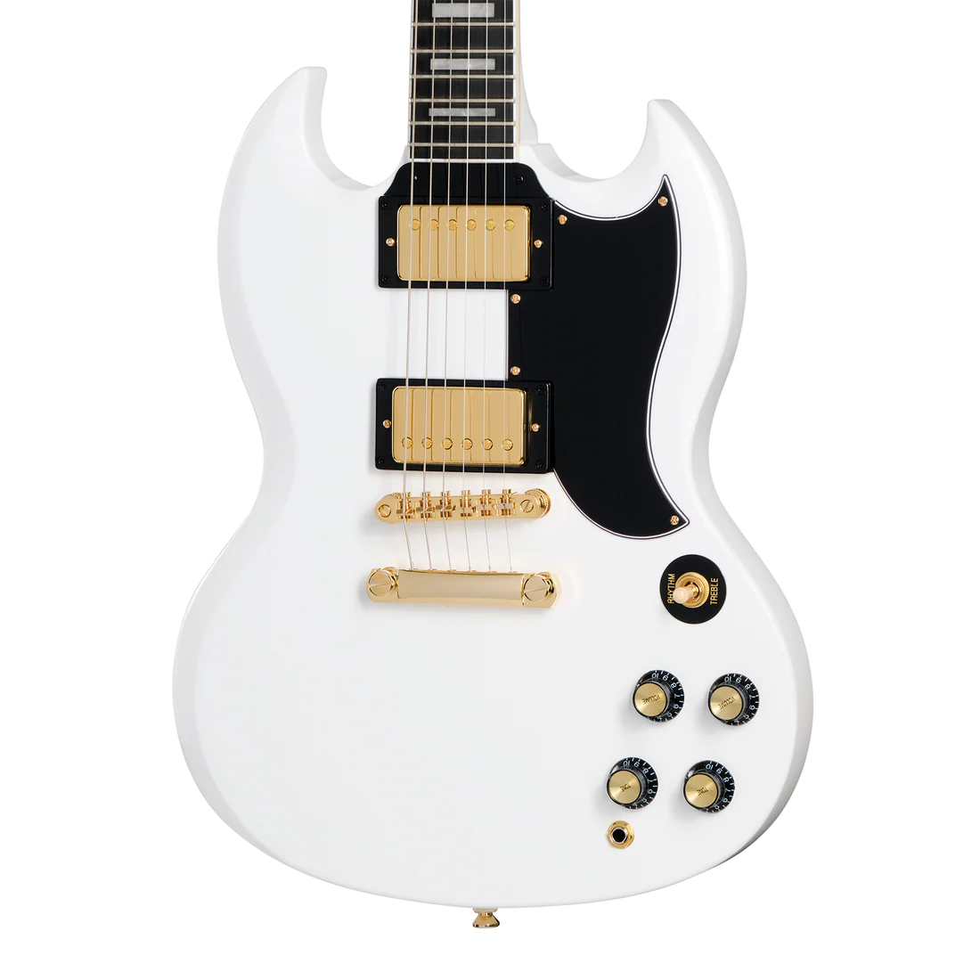 Guitare électrique blanche à double pan coupé, micros dorés, pickguard noir, quatre boutons noirs et dorés, chevalet et cordier dorés.