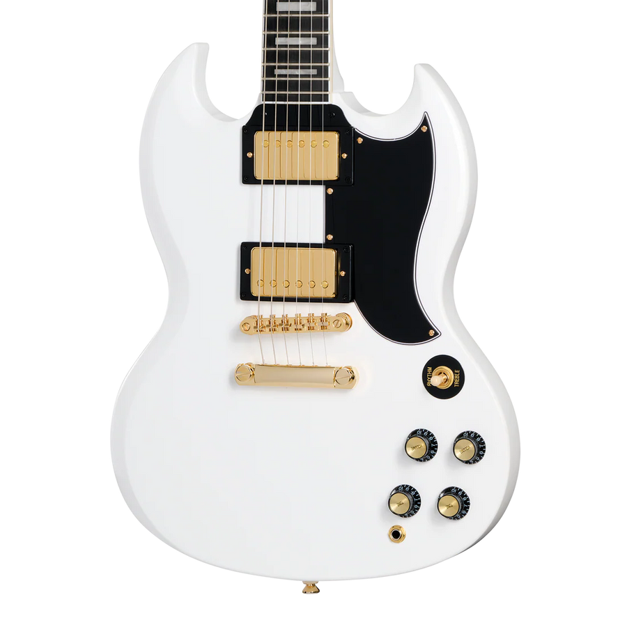 Guitare électrique blanche à double pan coupé, micros dorés, pickguard noir, quatre boutons noirs et dorés, chevalet et cordier dorés.