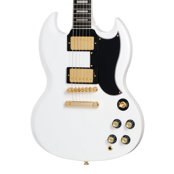 White electric guitar with gold hardware, black pickguard, four control knobs, and dual humbucker pickups. Body features double cutaways.