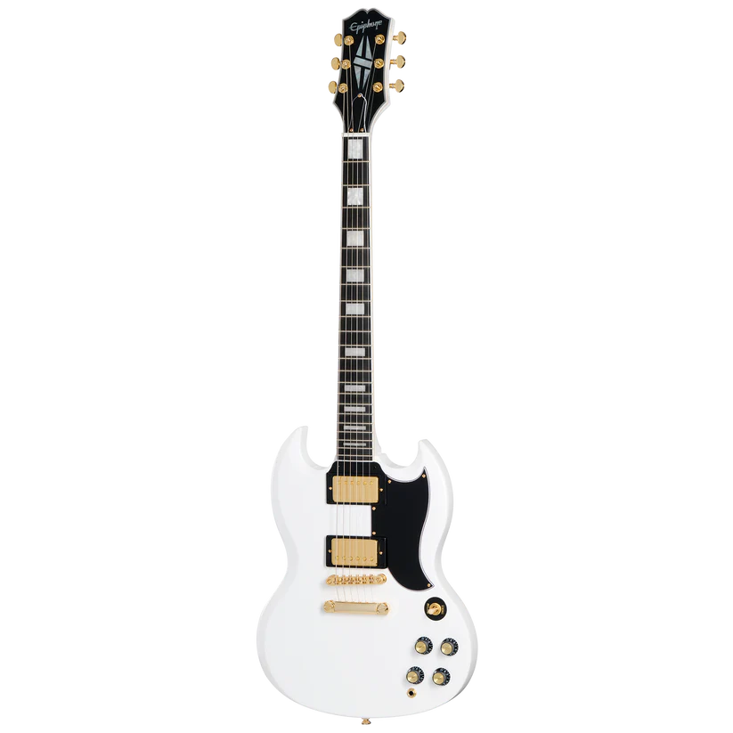 Guitare électrique blanche à double pan coupé, deux micros dorés, boutons noirs et dorés, plaque noire en forme d’éclair sous les cordes.