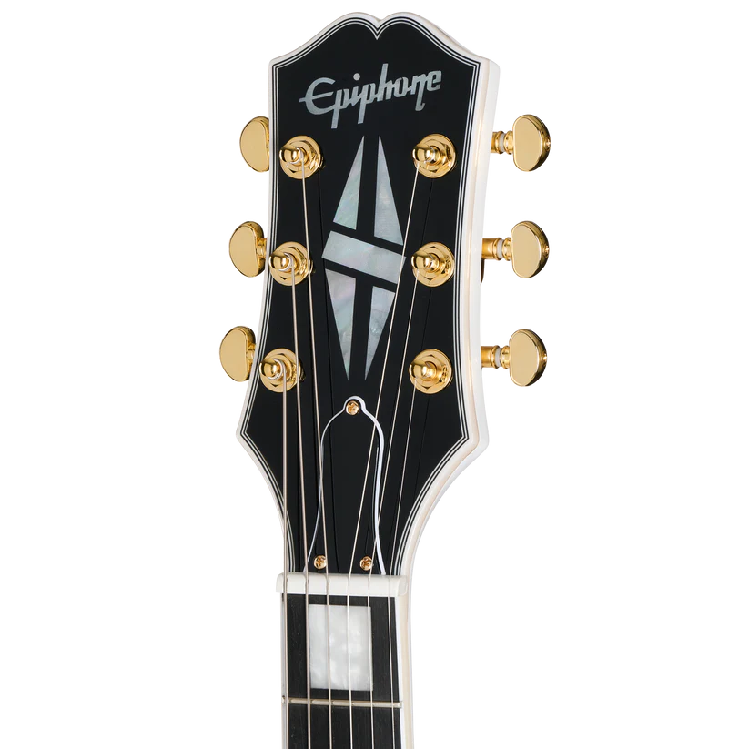 Tête de guitare électrique Epiphone noire avec mécaniques dorées, incrustations nacrées et logo argenté en haut.