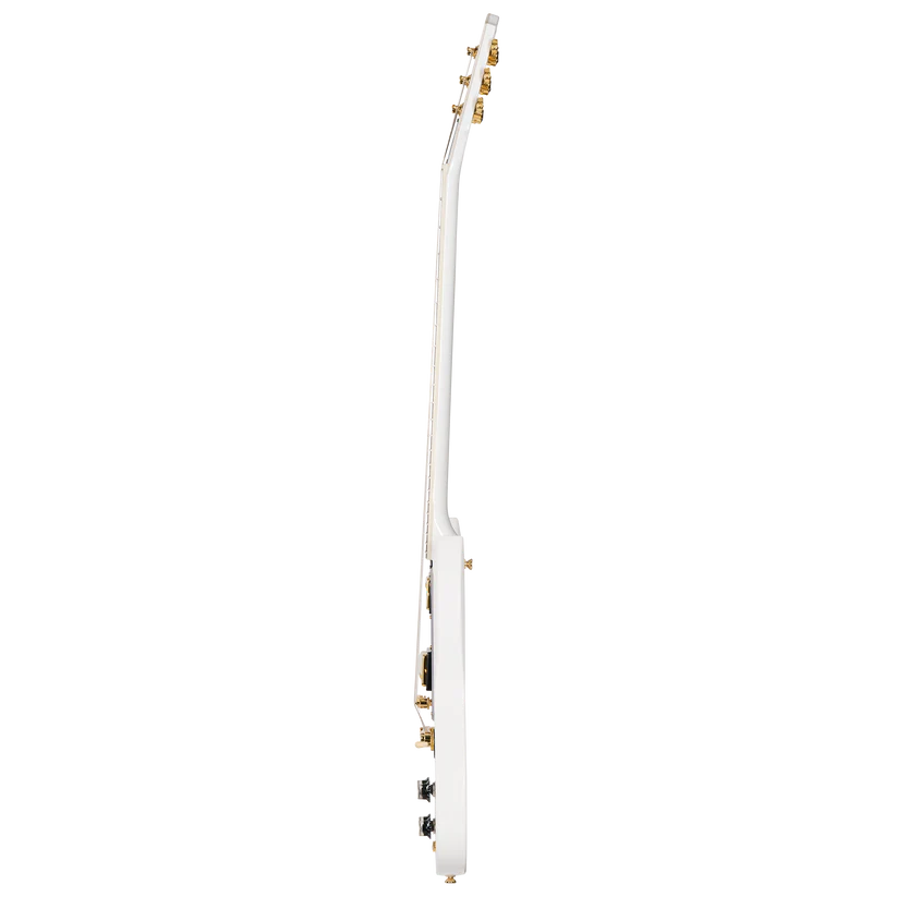 Guitare électrique blanche vue de profil, montrant la finesse du corps, les mécaniques dorées et les boutons latéraux.