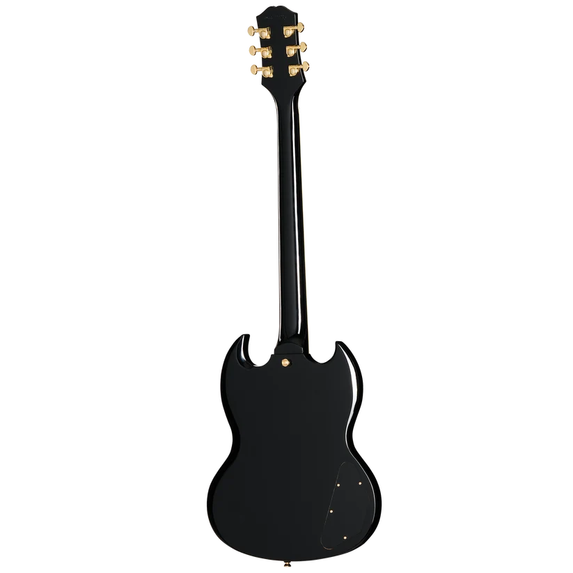 Black Epiphone electric guitar shown from the back, with double cutaway body and gold tuning pegs.