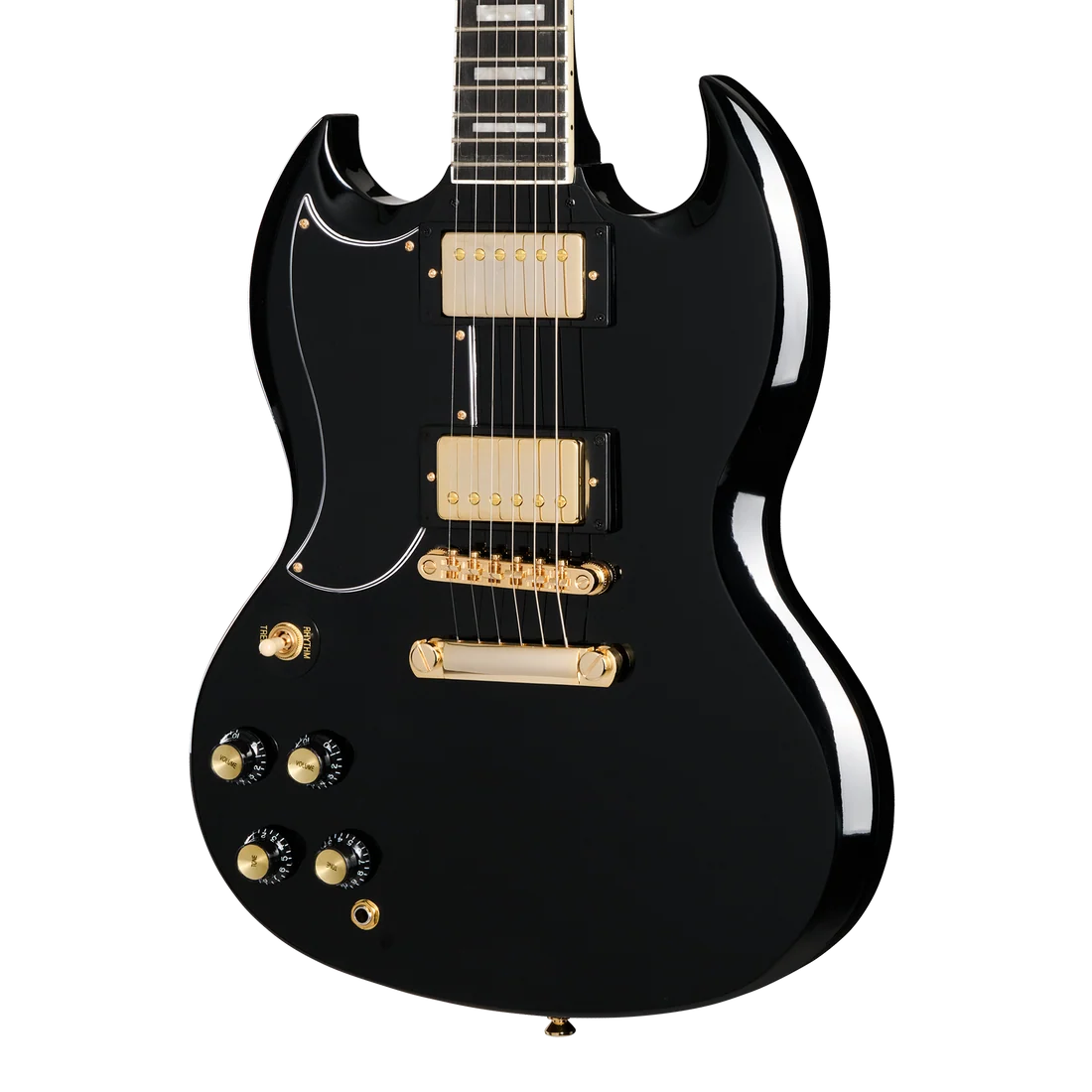 Black Epiphone electric guitar with gold hardware, two humbucker pickups, four control knobs, and a double cutaway body shape.
