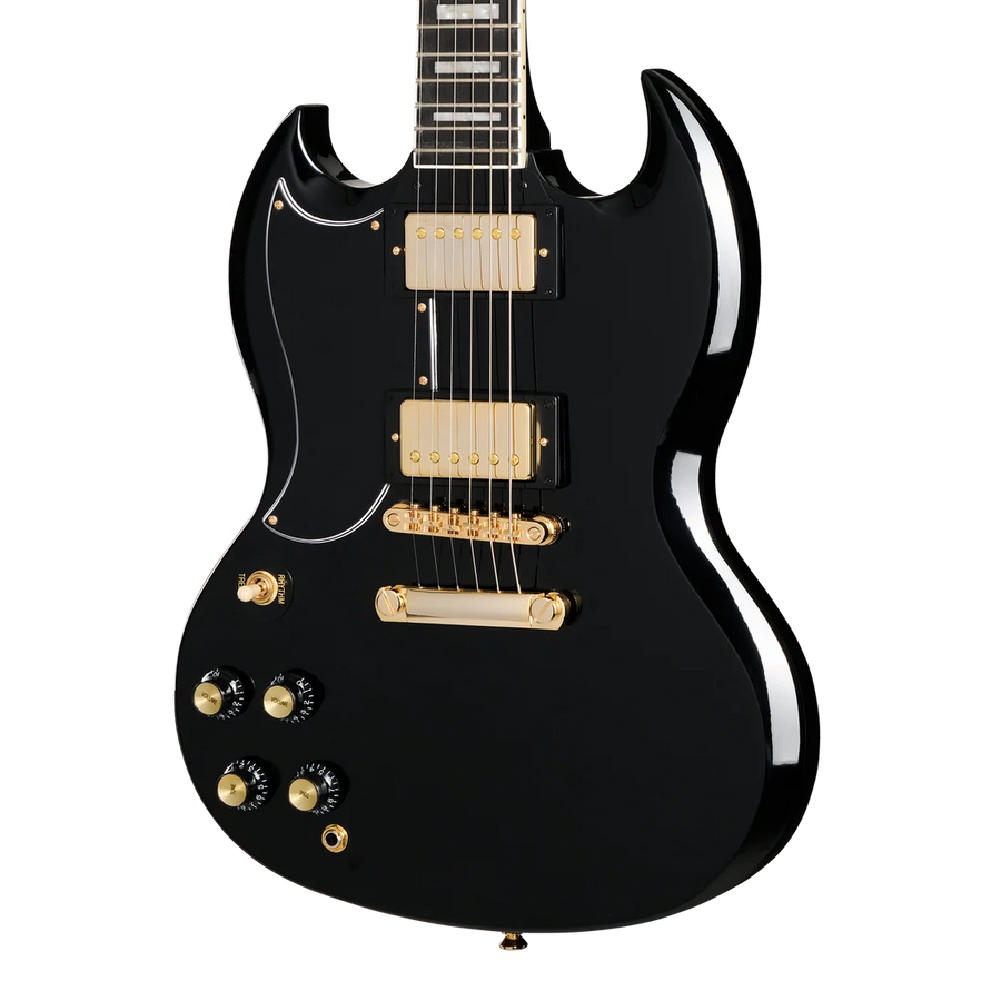 Black Epiphone electric guitar with gold hardware, two humbucker pickups, four control knobs, and a double cutaway body shape.