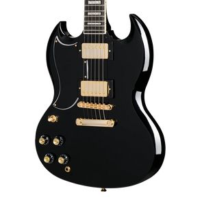 Black Epiphone electric guitar with gold hardware, two humbucker pickups, four control knobs, and a double cutaway body shape.
