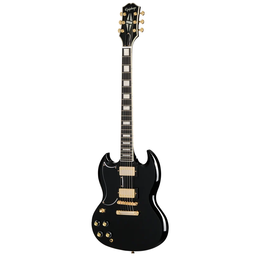 Black Epiphone electric guitar with double cutaway body, gold hardware, two humbucker pickups, and rectangular fretboard inlays.