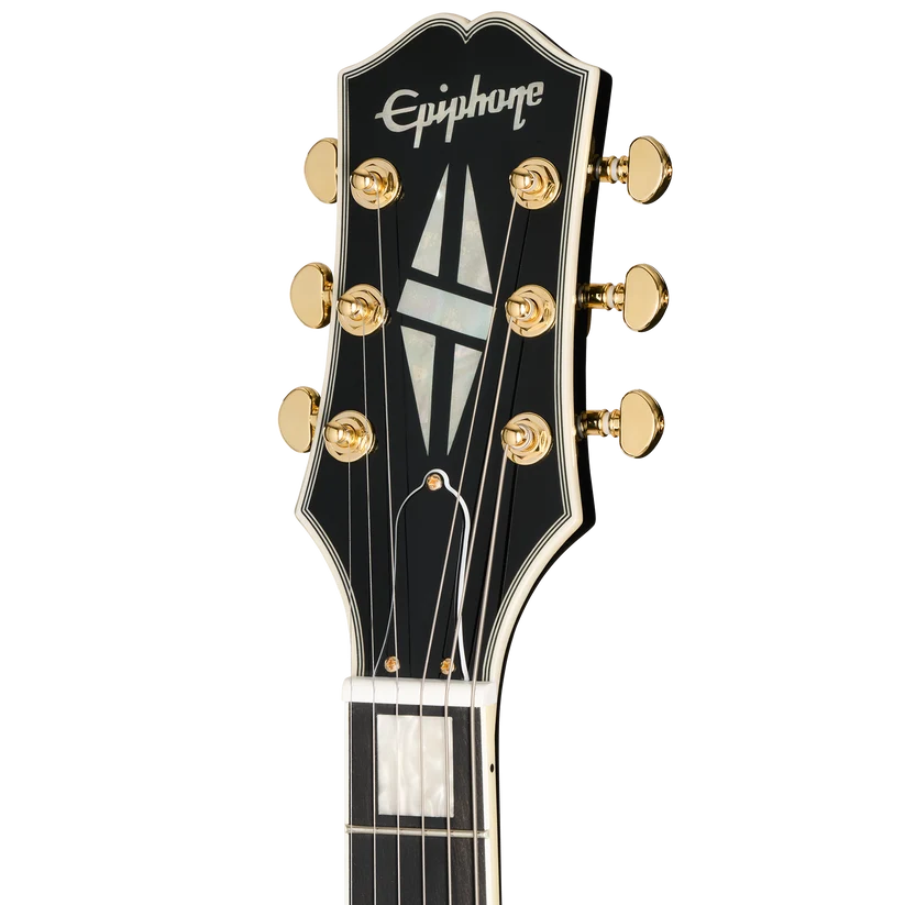 Black Epiphone guitar headstock with gold tuning pegs, white geometric inlay, and Epiphone logo at the top.