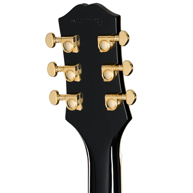 Back of a black Epiphone guitar headstock with six gold tuning pegs, three on each side.