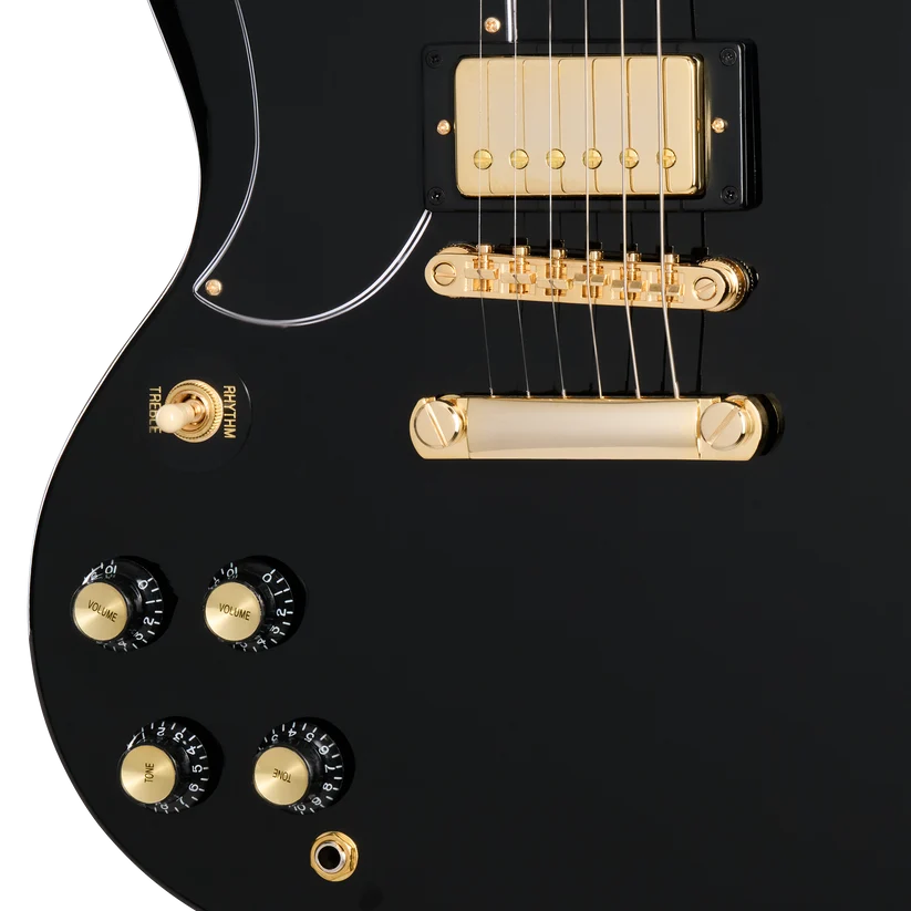 Black Epiphone electric guitar body with gold pickup, gold bridge, four black control knobs, and a pickup selector switch.