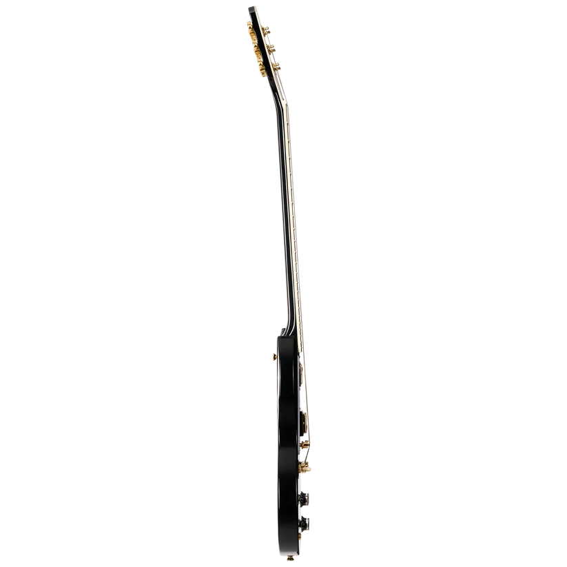 A black Epiphone electric guitar shown from the side; slim body and neck, gold tuning pegs, and control knobs are visible.