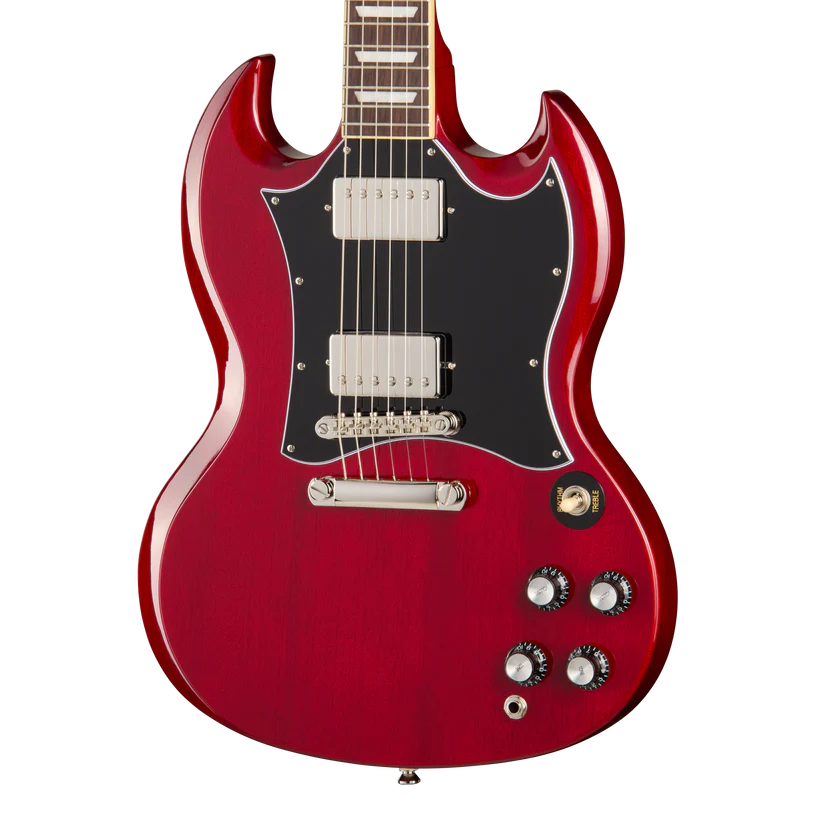 Red electric guitar with a double-cutaway body, black pickguard, two chrome humbucker pickups, four black control knobs, and a toggle switch.