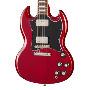 Red electric guitar with a double-cutaway body, black pickguard, two chrome humbucker pickups, four black control knobs, and a toggle switch.