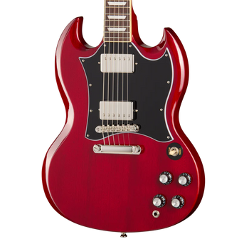 Red electric guitar with a double-cutaway body, black pickguard, two chrome humbucker pickups, four black control knobs, and a toggle switch.