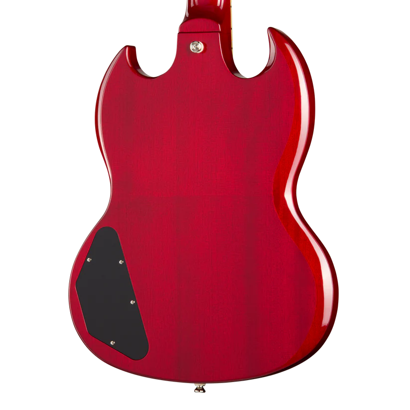 Back of a red electric guitar with a double-cutaway body and a black electronics cover plate on the lower left side.