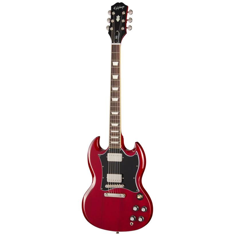 Red electric guitar with double cutaway body, black pickguard, two humbucker pickups, four control knobs, and block inlays on the fretboard.