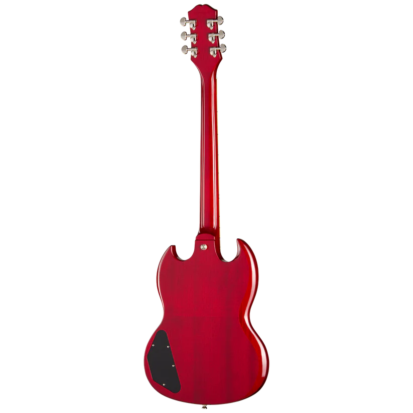 Red electric guitar shown from the back, double cutaway body, chrome tuning pegs, black electronics cover plate on the lower left of the body.